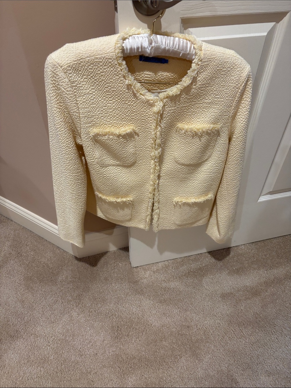 J. McLaughlin Cream Tweed Frayed-Trim Cropped Jacket